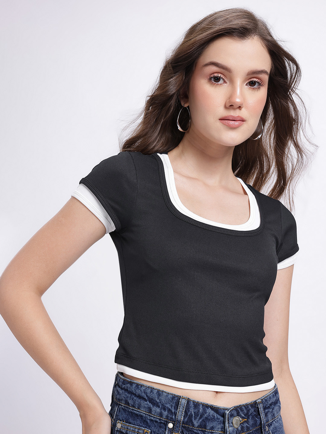 glitchez Ribbed Scoop Neck Contrast Layered Crop Top