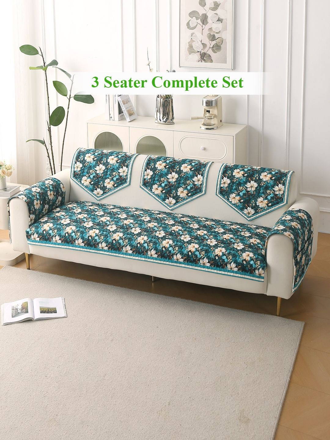 HOKIPO Florentina Series Pansies Teal 6 Pcs Printed Holland Velvet 3 Seater Sofa Covers