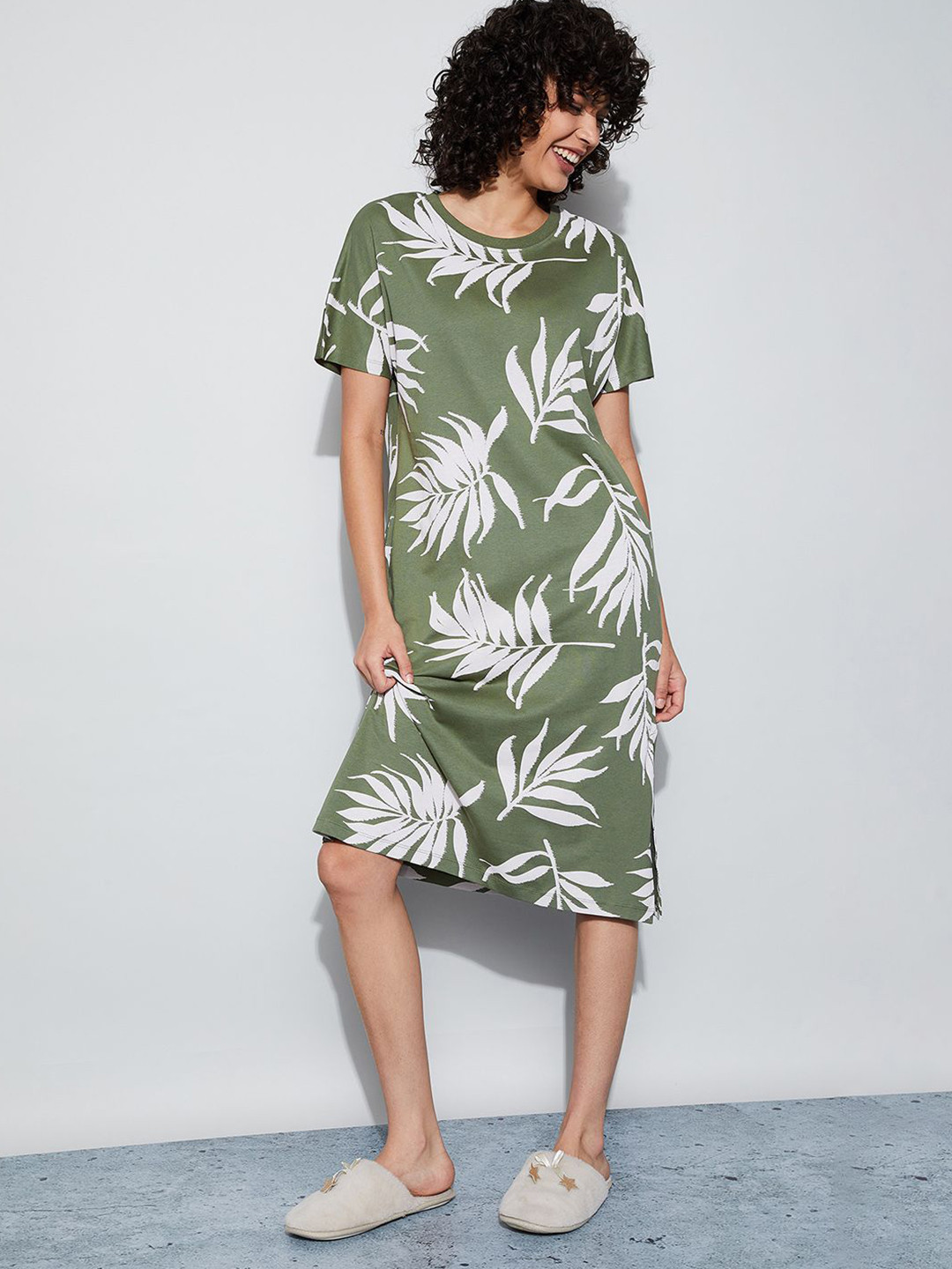 Ginger by Lifestyle Women Tropical Printed Round Neck Cotton T-shirt Midi Dress