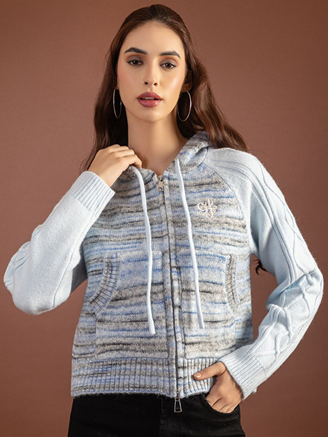 GFO Casual Colorful Hooded Cardigan Women Striped Woollen Long Sleeves Front-Open Sweaters