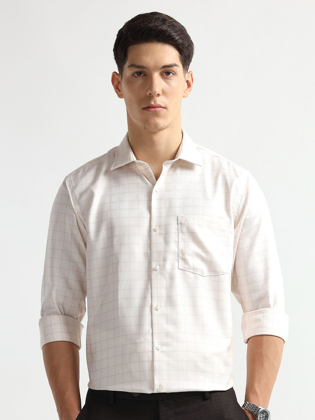 Arrow Men Checked Spread Collar Pure Cotton Liberty Auto Press Formal Shirt