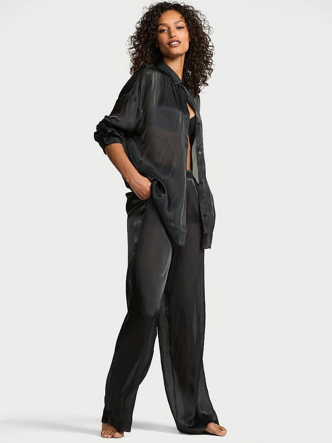 Victoria's Secret Women Luxe Sheer Satin Shirt Collar Night suit