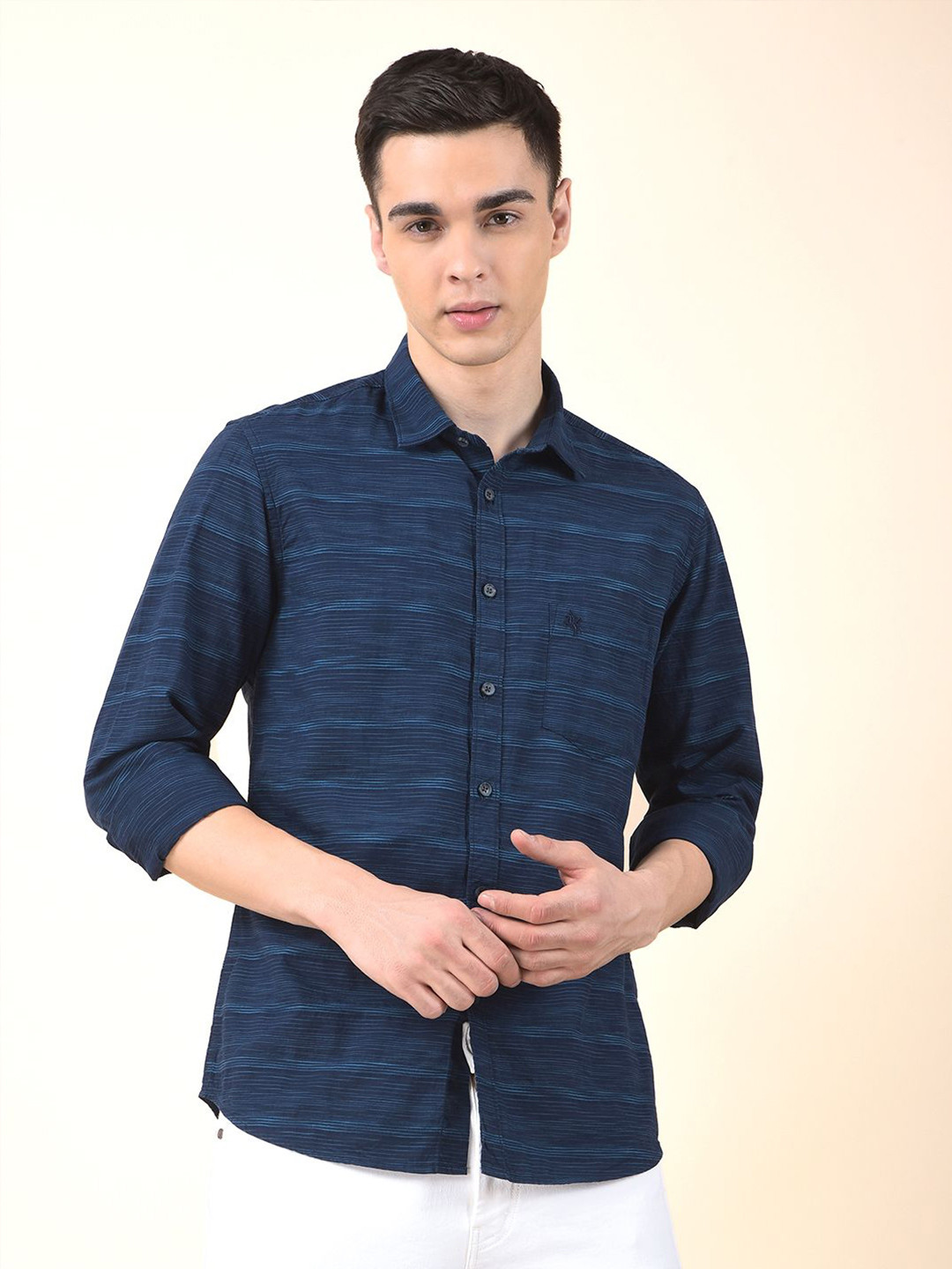 Cantabil Men Comfort Fit Horizontal Striped Spread Collar Cotton Breathable Casual Shirt