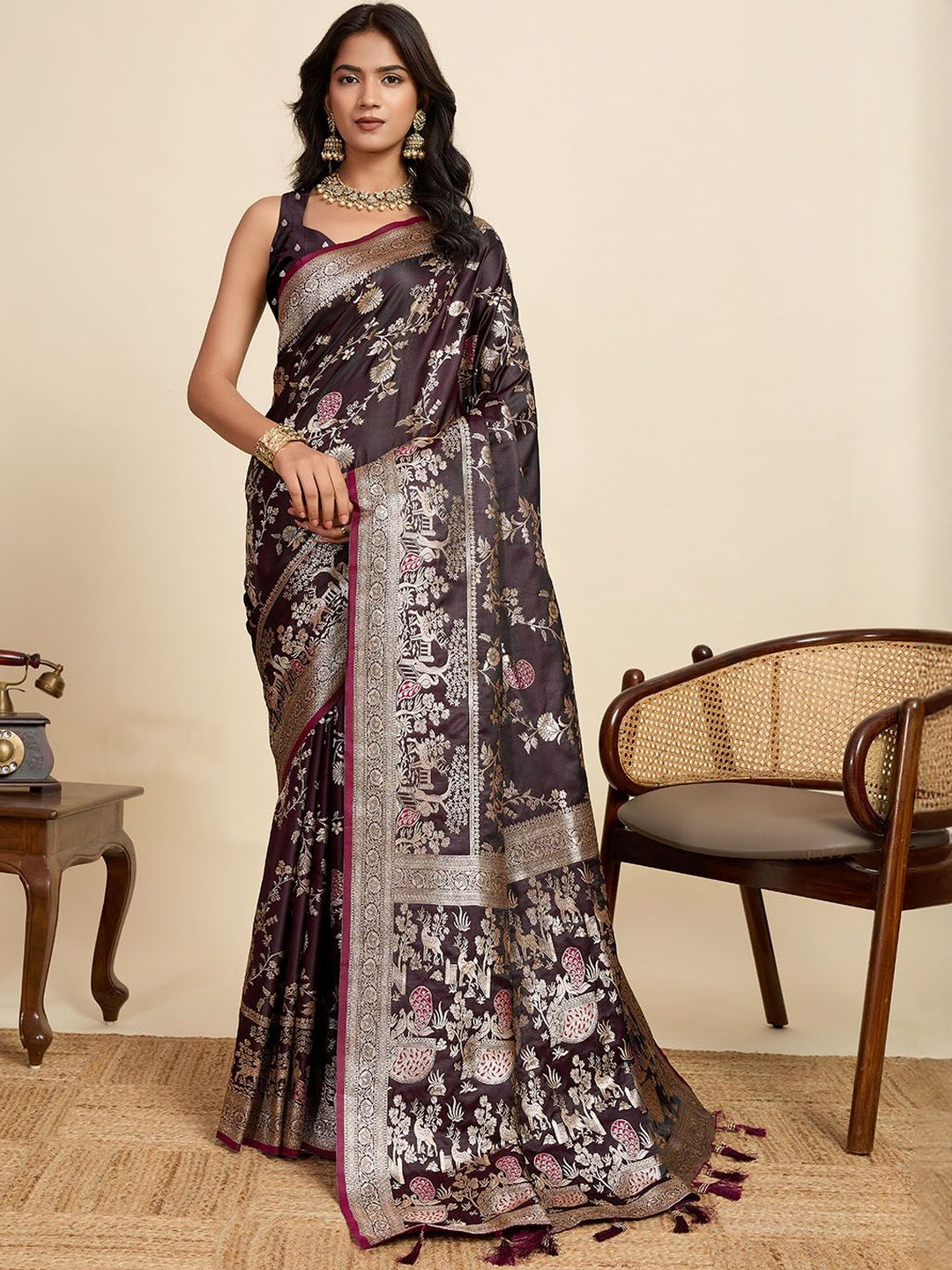 HEER FASHION Ethnic Motifs Zari Satin Heavy Work Saree with Unstitched Blouse Piece