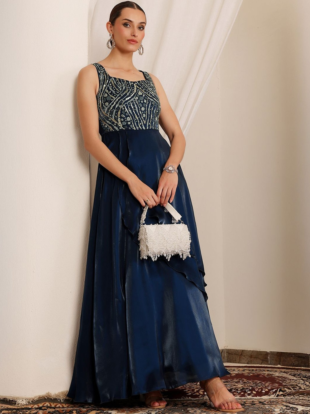 Women's Sleeveless Gown in Embroidered Layered Premium Satin