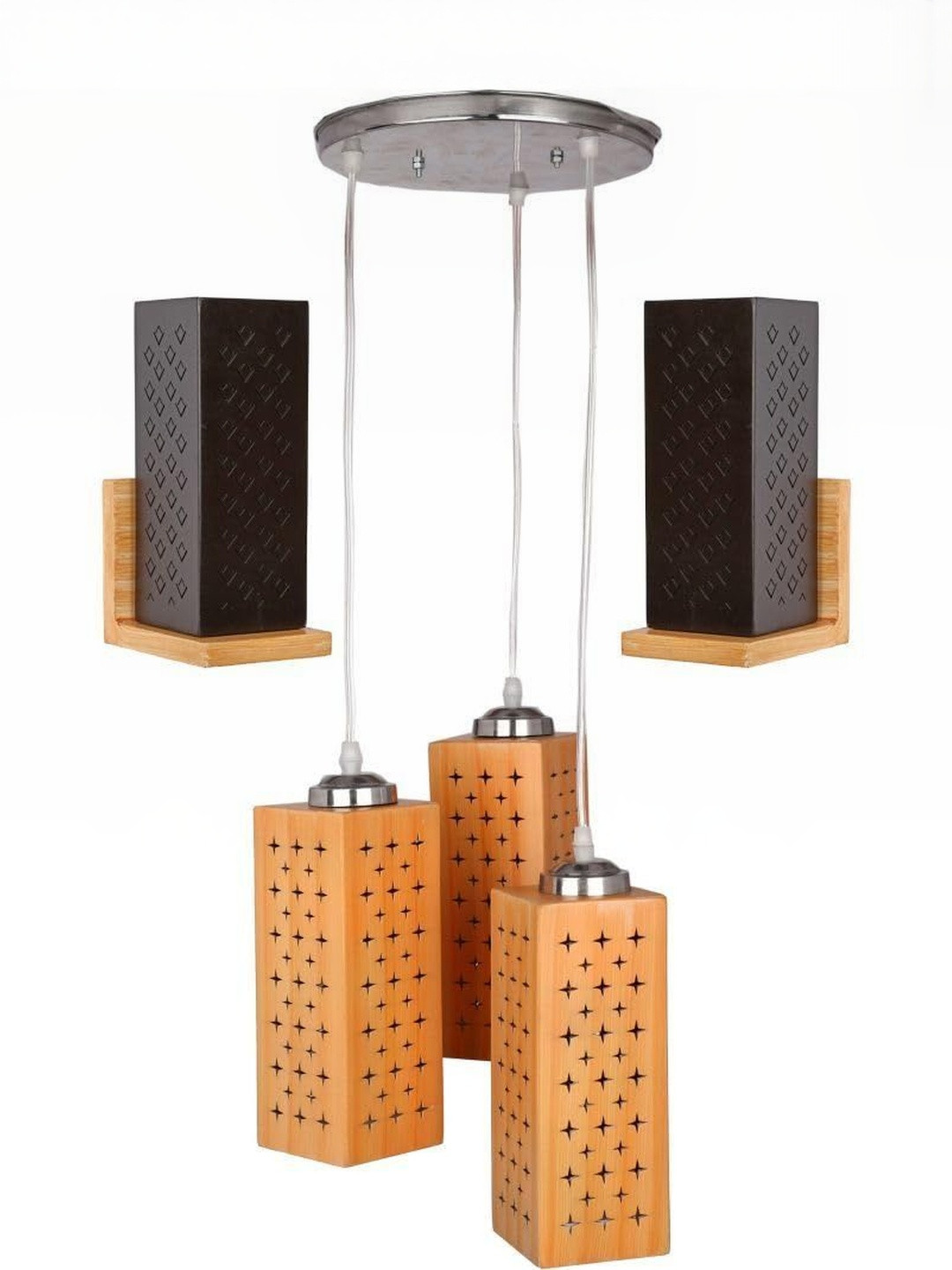 SOMIL Brown And Black 3 Pieces Textured Wood Rectangle Shaped Wall Lamp