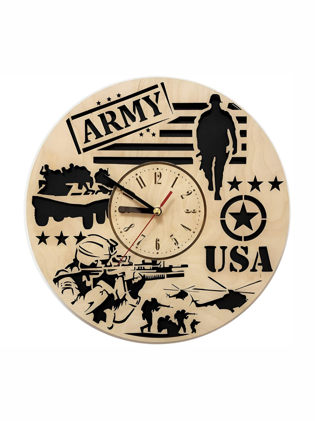 QEZNEF Black And Brown Printed Contemporary Round Wooden Analogue Wall Clock