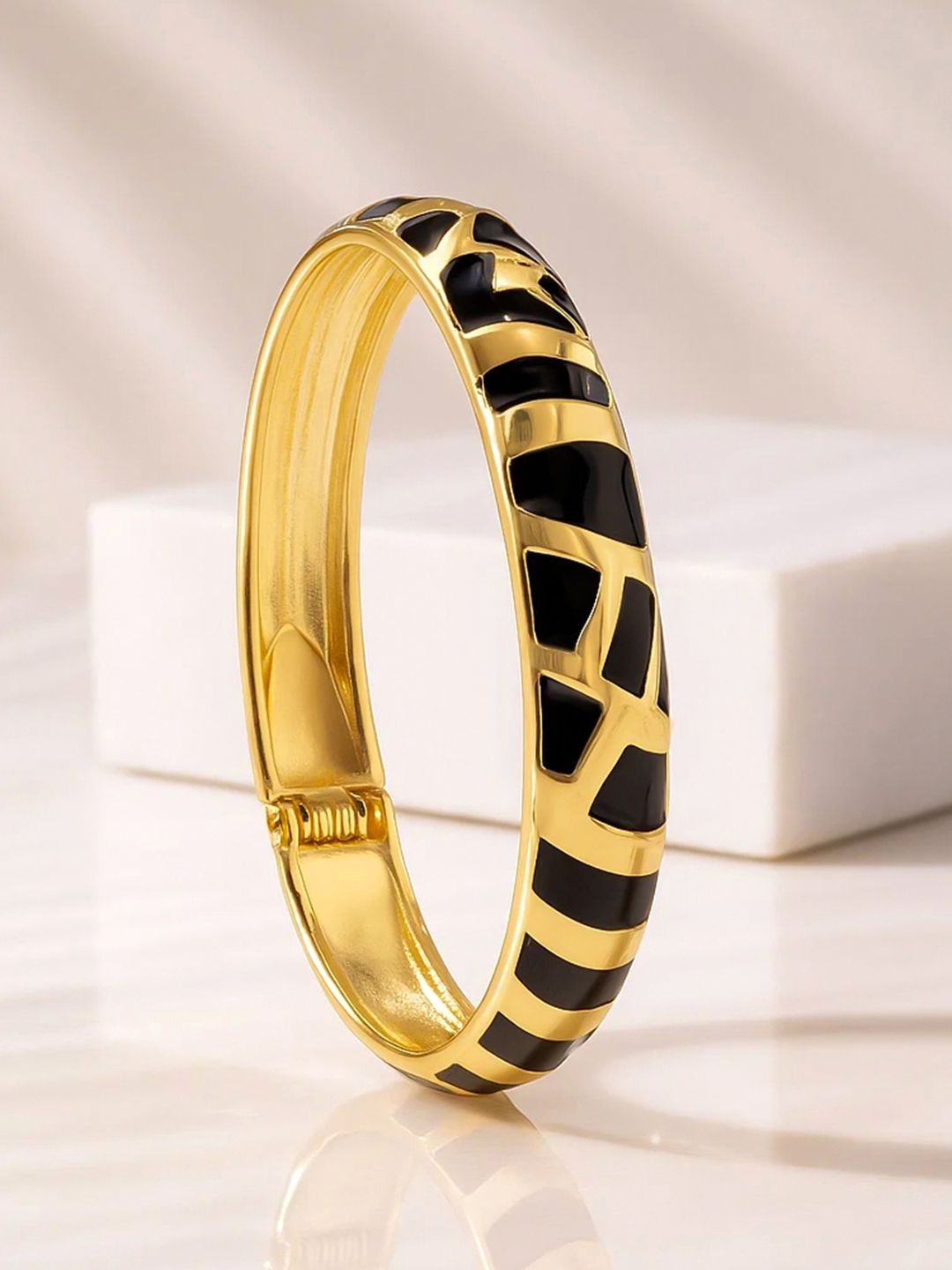 Women 22K Gold-Plated Brass Glossy Black Enamel Pattern Bold Statement Bangle Bracelet