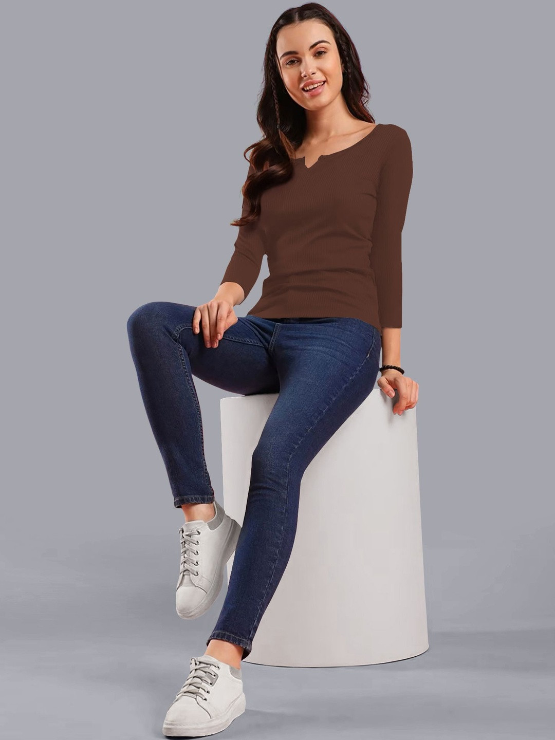 Maheshvi Women Round Neck Three-Quarter Sleeves Ribbed Top