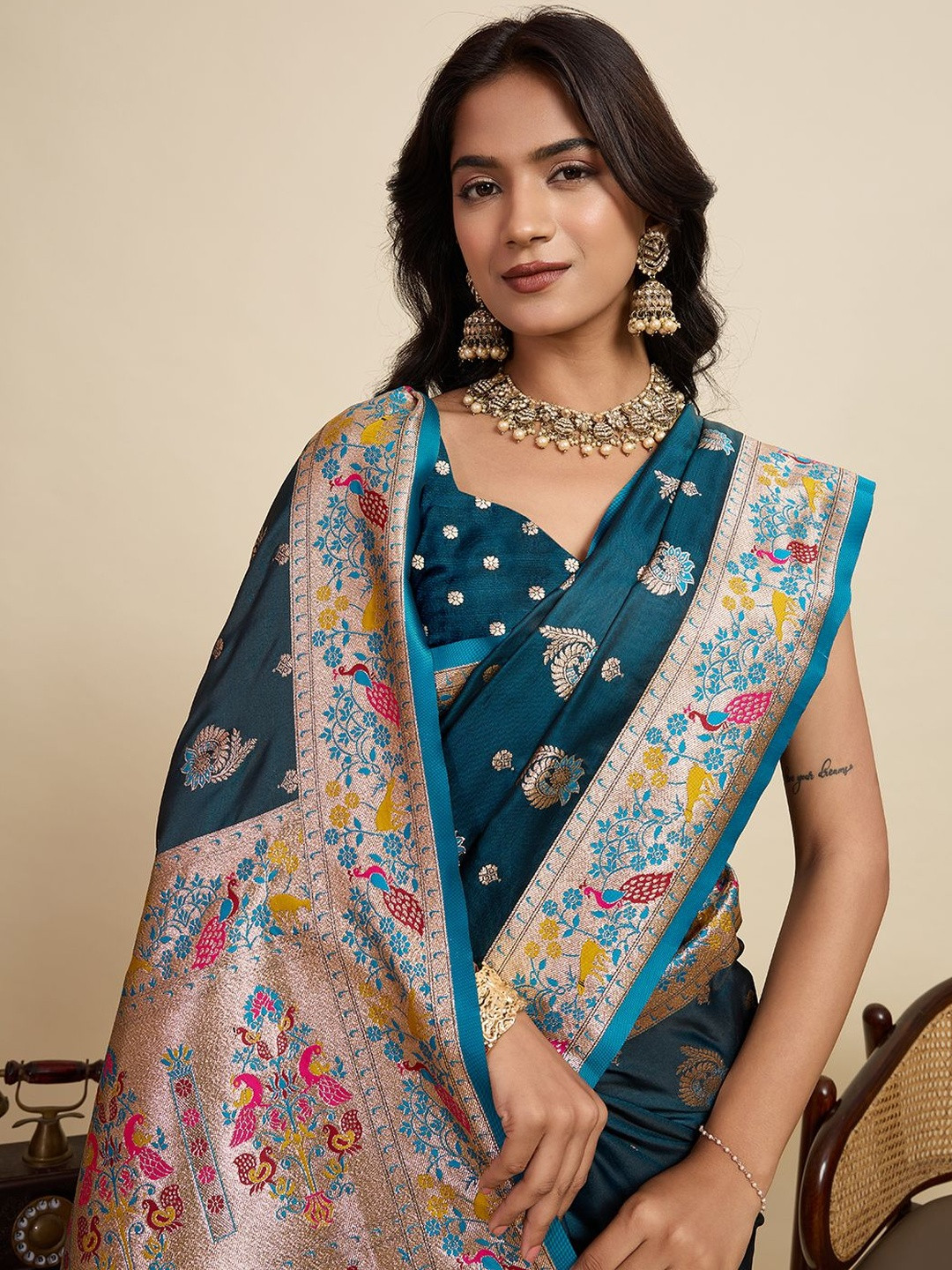 HEER FASHION Ethnic Motifs Zari Satin Silk Paithani Saree With Zari Weaving Work