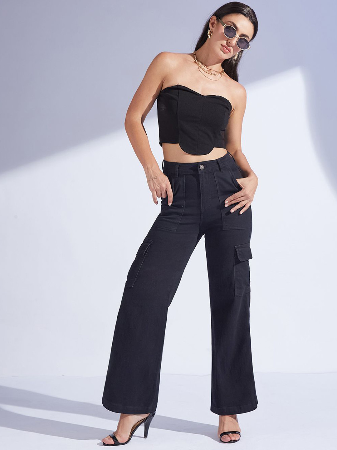 Women's Wide-Leg High-Rise Clean-Look Regular-Length Stretchable Denim Cargo Jeans