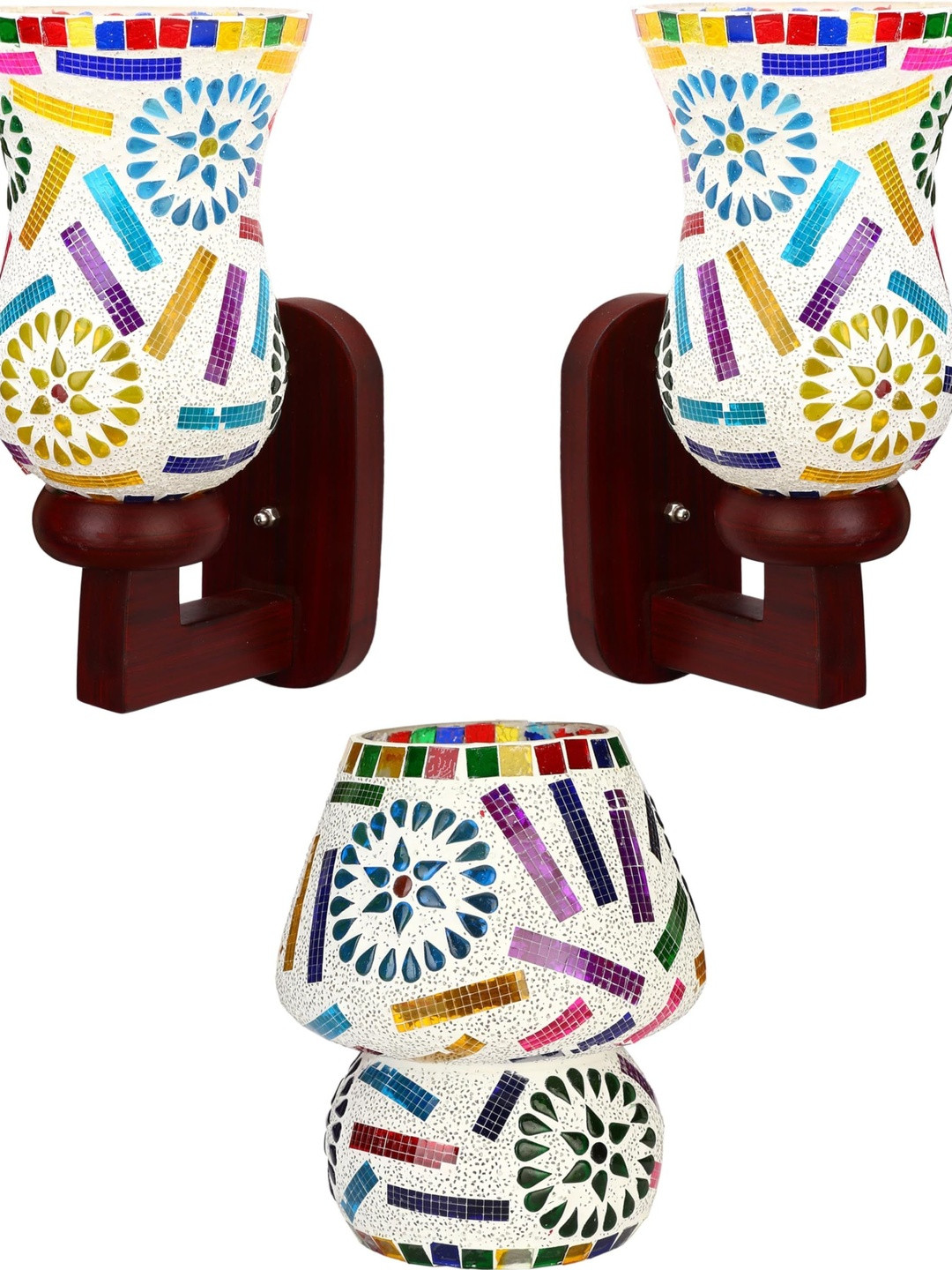 SOMIL White & Blue 3 Pieces Textured Bell Shaped Wooden Wall & Table Lamps