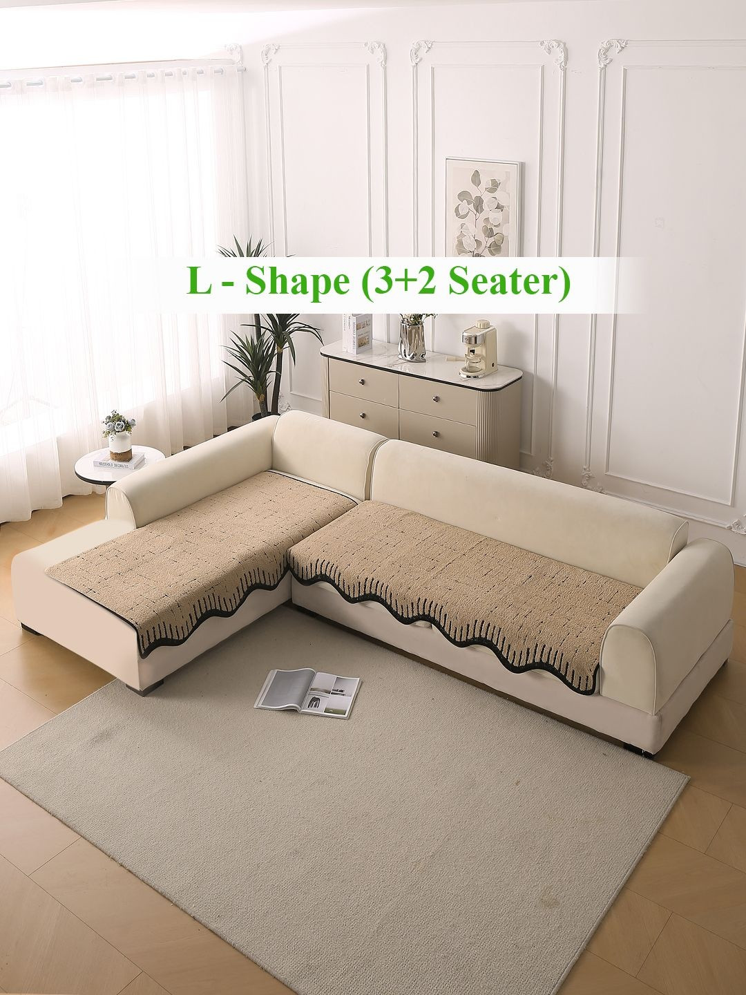 HOKIPO Brown & Black 2 Pieces Plush L Shape 4 Seater Sofa Cover Seat Mats