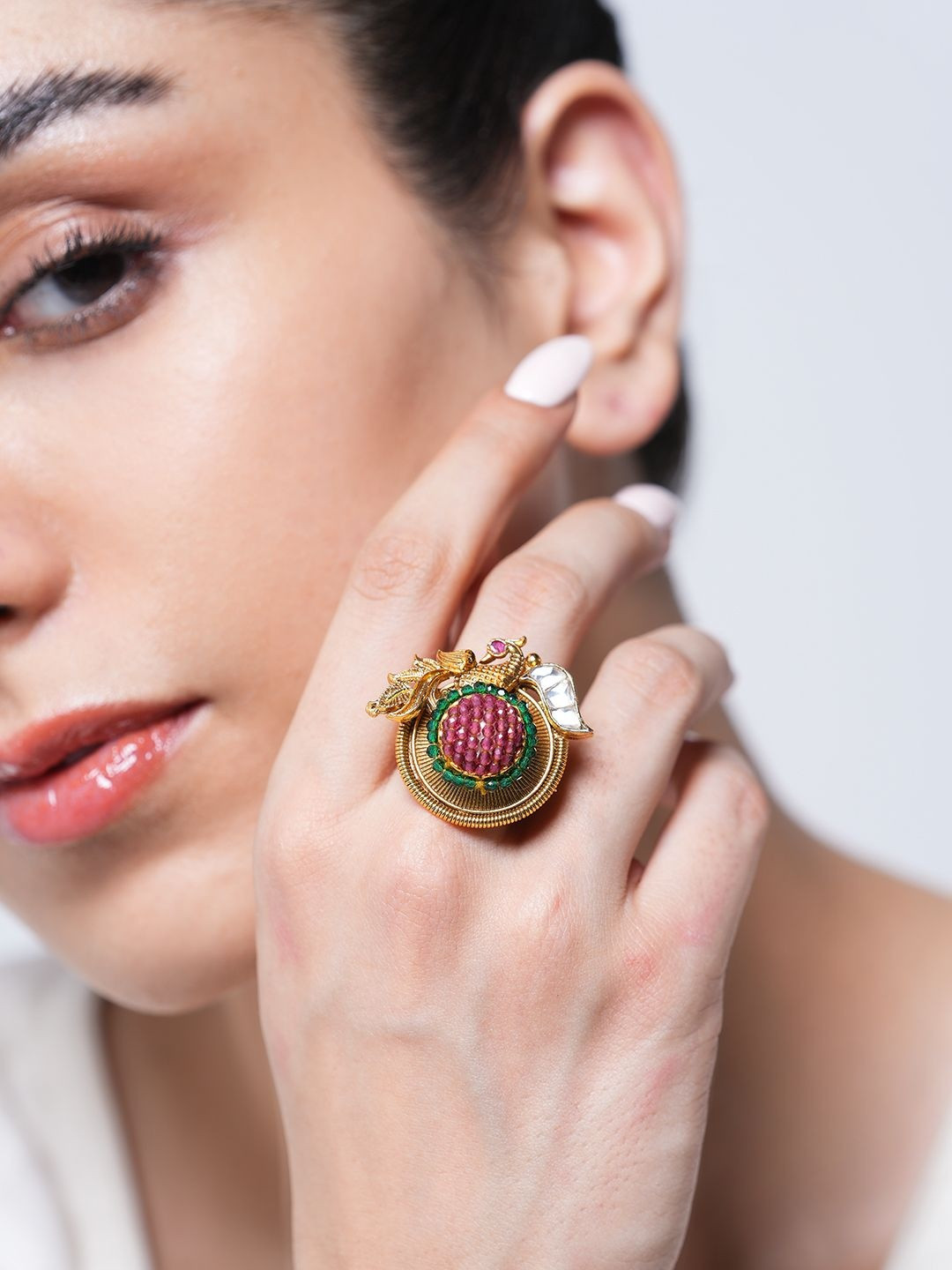 CAO Jewellery Artificial Stones Studded Peacock Designed Finger  Ring