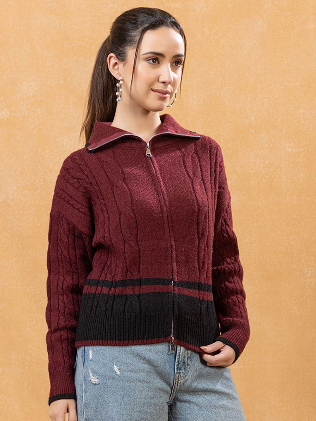 GFO Women Cable Knit Woollen Shirt Collar Zip-Up Front-Open Sweaters