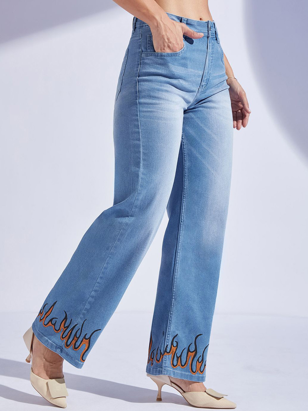 Miss Chase Women Straight Fit Mid Rise Hand Painted Stretchable Denim Jeans