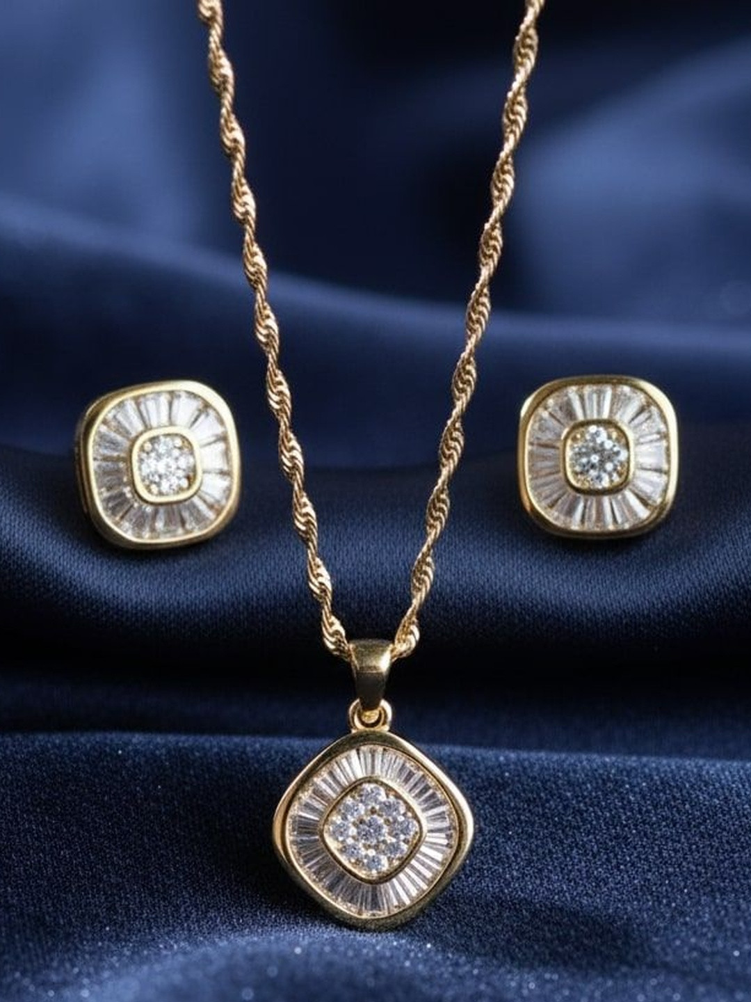 Omkar Jewels Gold-Plated Diamond Shape Pendant Chain & Earrings Set