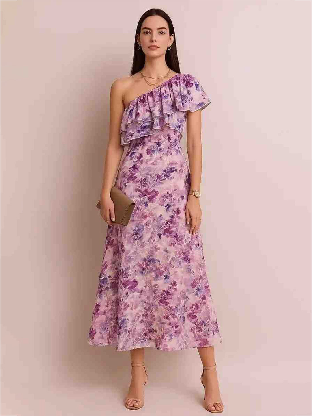 LAESTILOSO PRIVATE LIMITED Floral Print One Shoulder Ruffled Satin A-Line Midi Dress