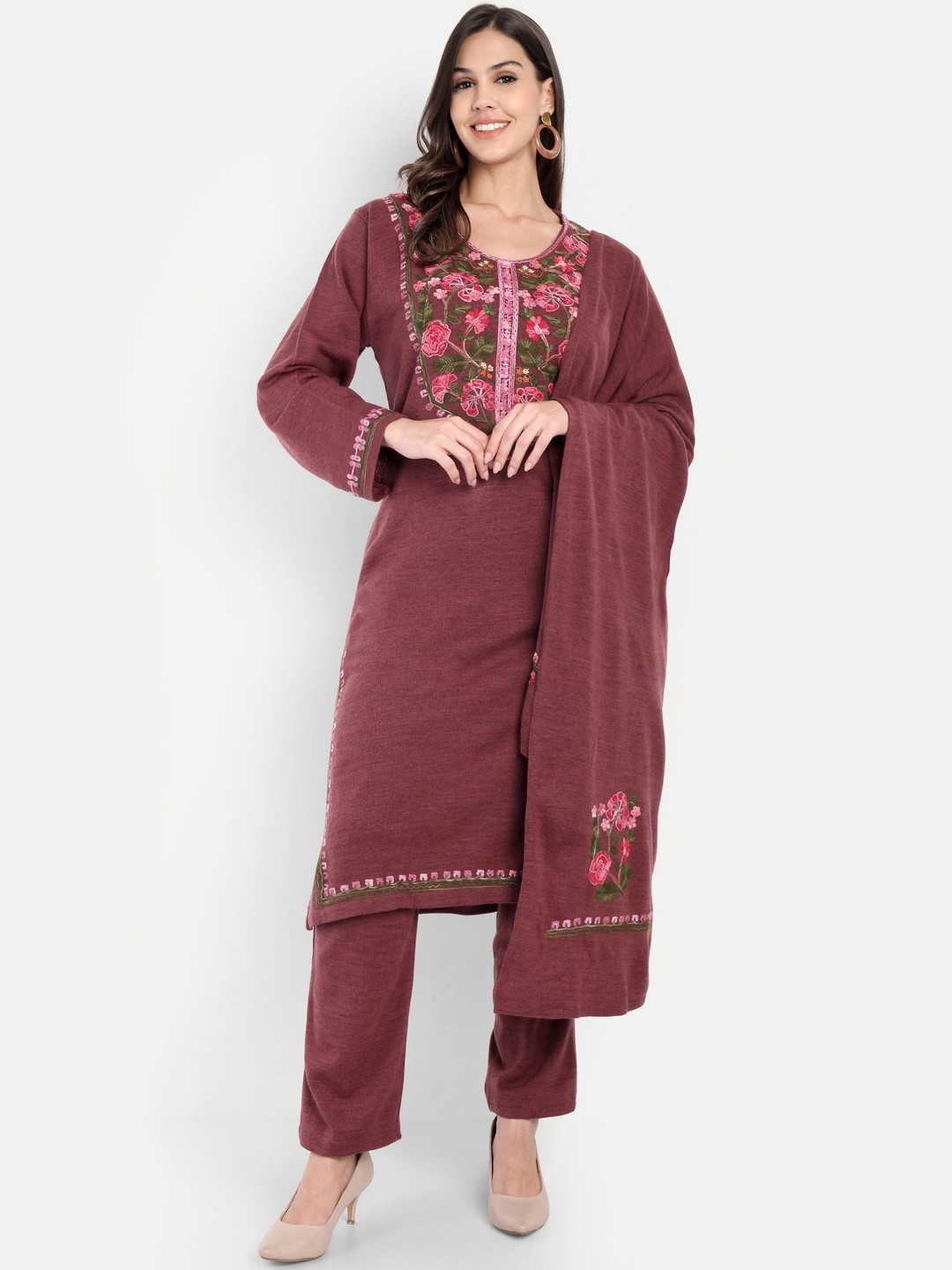 HAUTEMODA Floral Embroidered Pure Wool Thread Work Kurta With Trousers & Dupatta