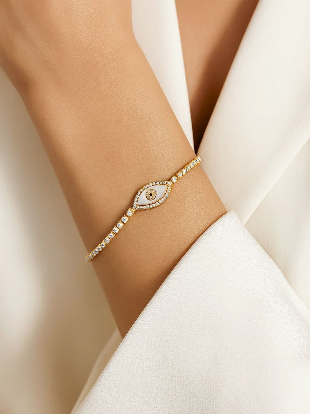 Rubans 22K Gold-Plated Brass Cubic Zirconia Evil Eye Adjustable Pull Chain Bracelet