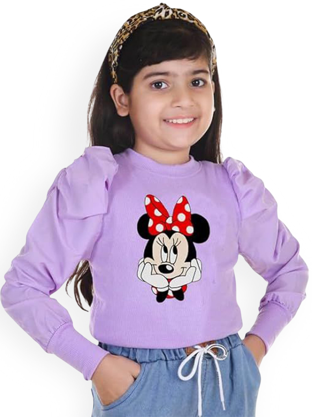 KIROTO Girls Mickey Mouse Print Long Puff Sleeves Top