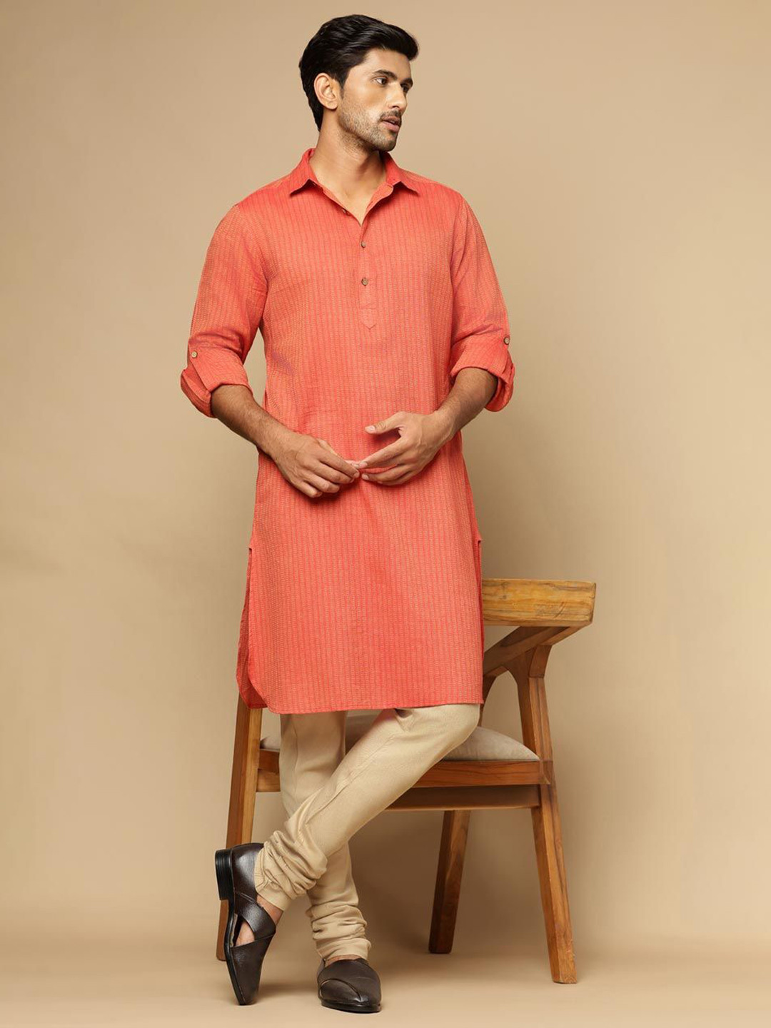 Fabindia Woven Design Thread Work Shirt Collar Roll-Up Sleeves Cotton Pathani Kurta