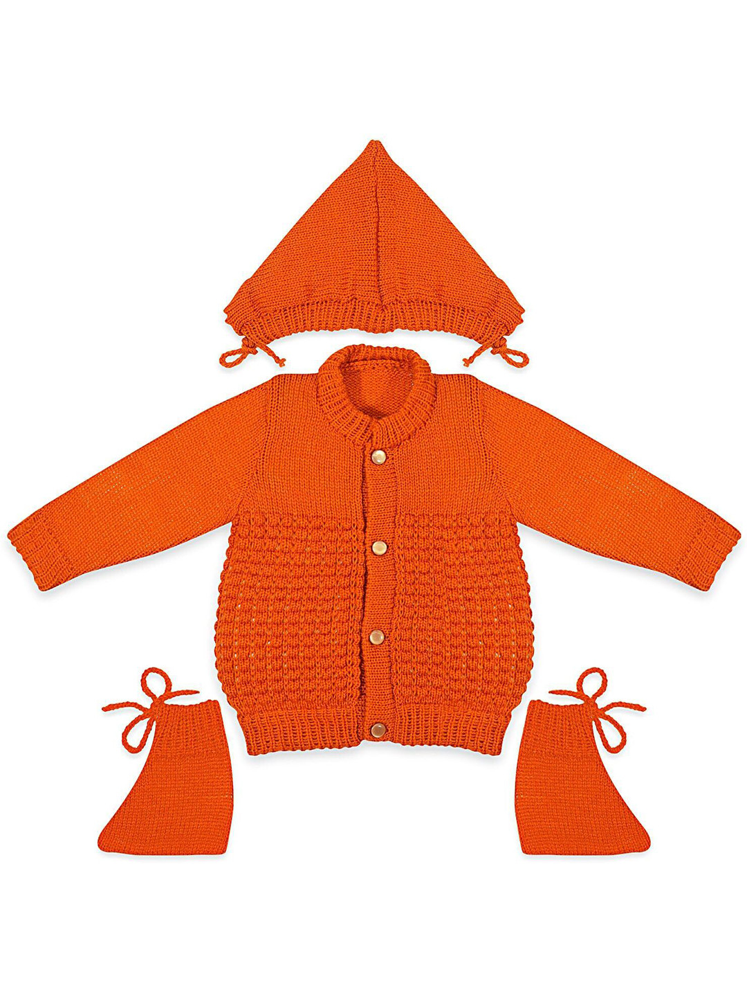 KIDSKA Kids Self Design Open Knit Round Neck Cardigan with Cap & Socks