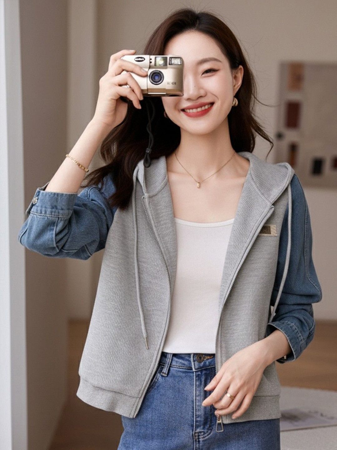 HERE&NOW Three Quarter Sleeves Hooded Varsity Jacket