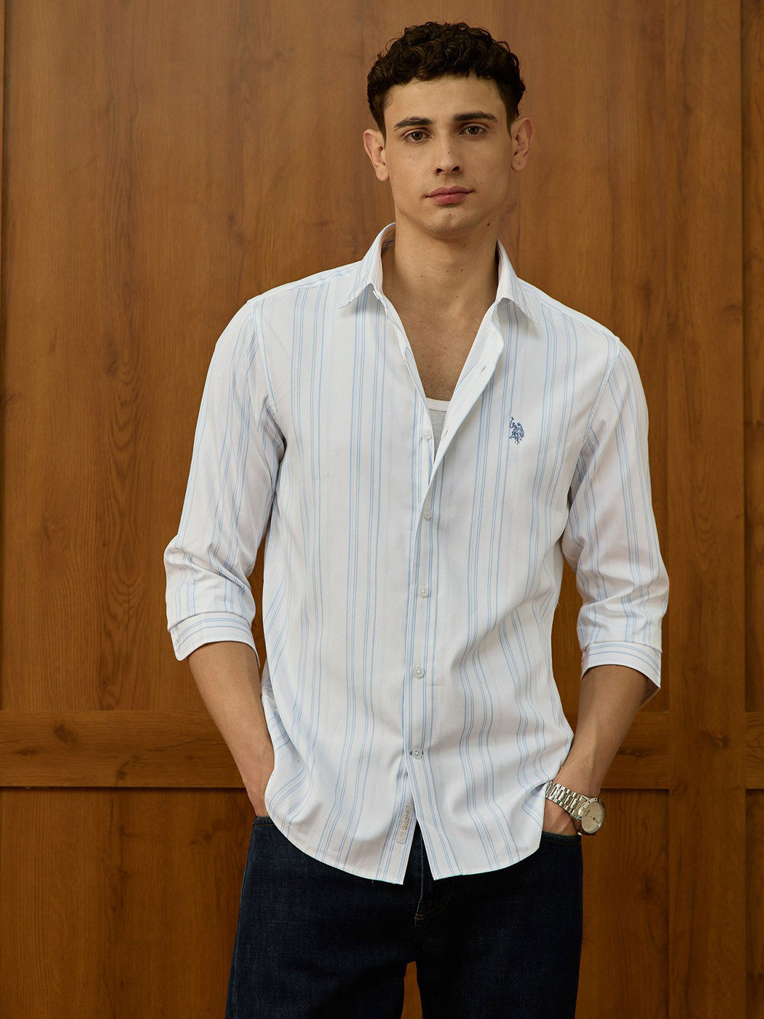 U.S. Polo Assn. Men Tailored Fit Vertical Striped Pure Cotton Poplin Varsity Casual Shirt