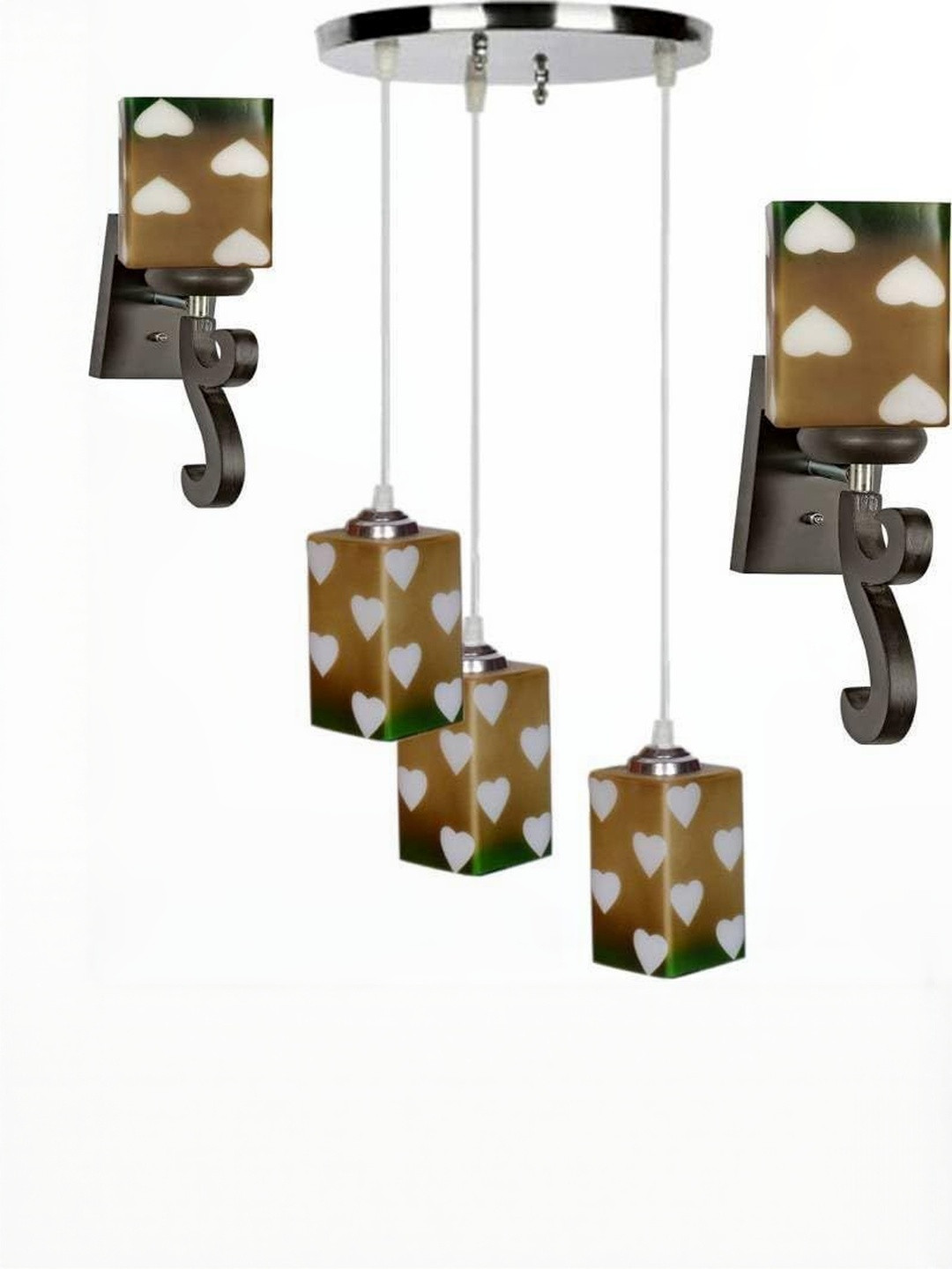 SOMIL White & Green 3 Pieces Printed Metal Cylinder Shaped Wall & Ceiling Lamp Combo