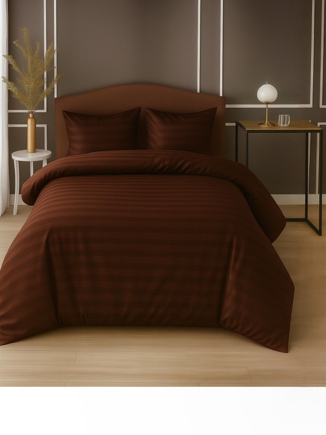 INDHOME LIFE Brown Striped Cotton 240 TC Queen Bedsheet Set-90 inch x 90 inch
