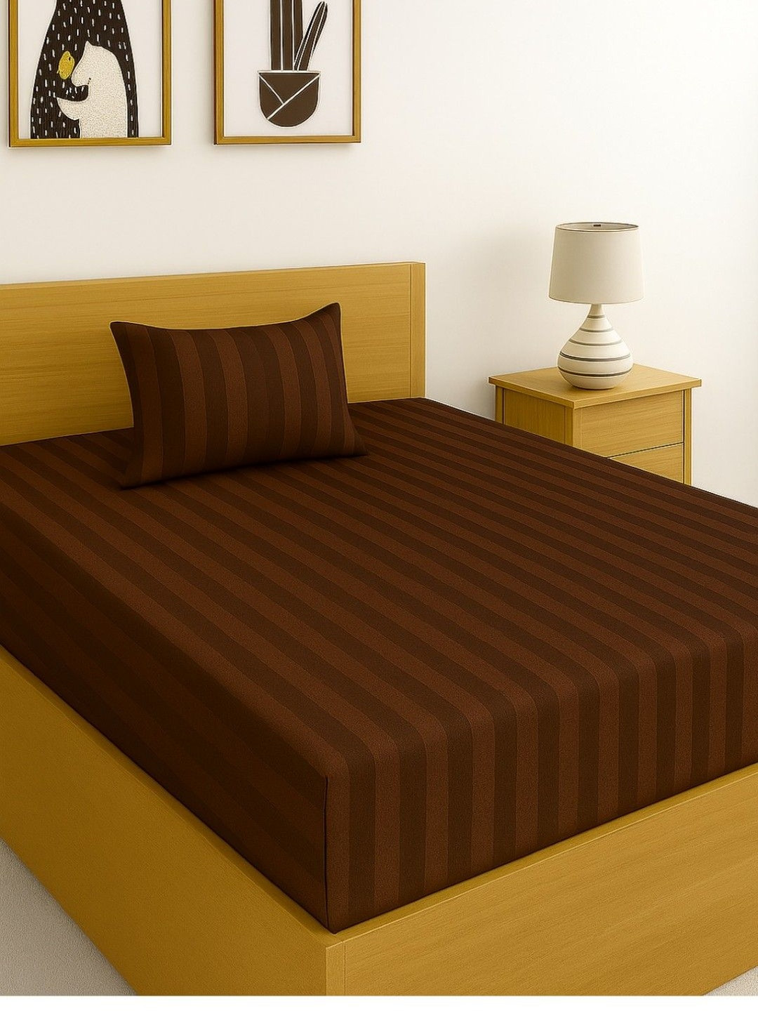 INDHOME LIFE Brown Striped Cotton 240 TC Queen Bedsheet Set- 60 inch x 90 inch
