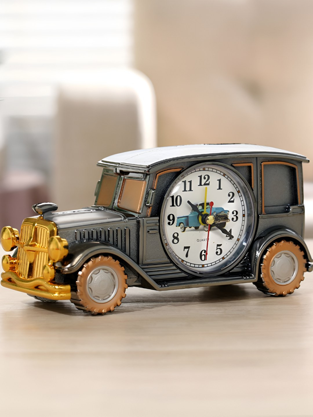 Gopalvilla Black & Gold-Toned Analogue Vintage Car Shaped Round Alarm Clock