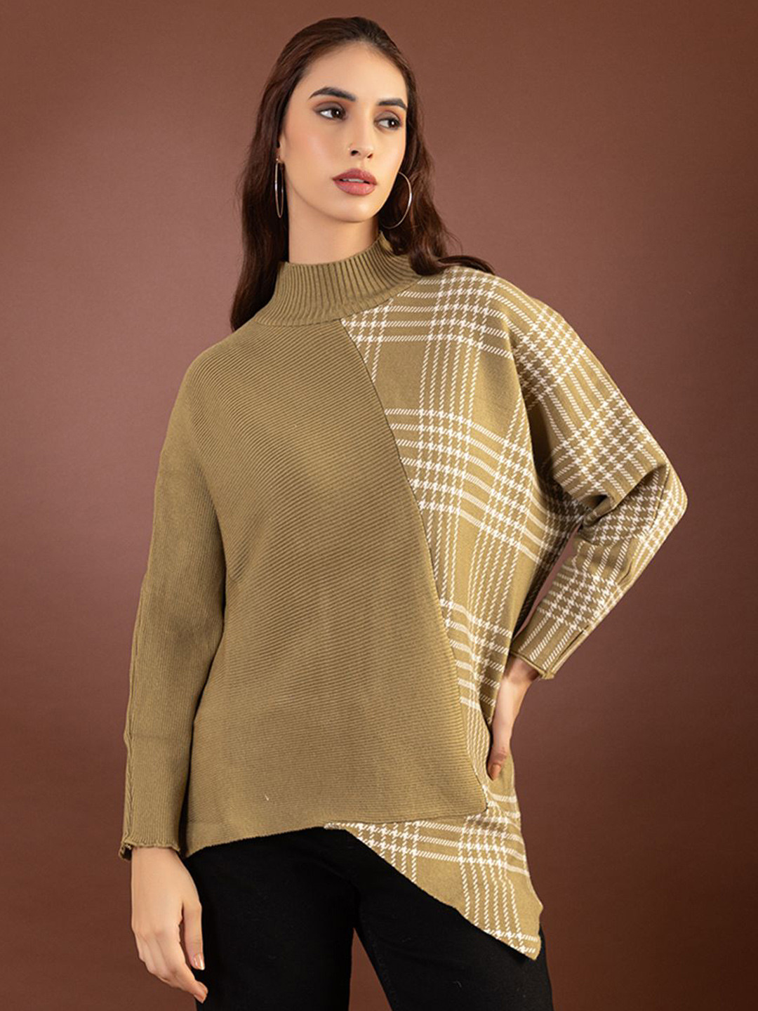 GFO Women Checkered Self Design High Neck Woollen Pullover Sweater