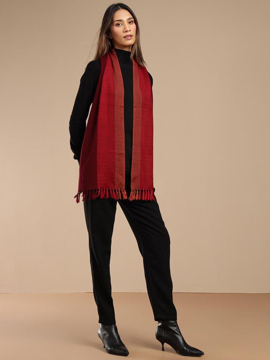 Fabindia Women Patterned Merino Wool Mufflers with Tassels