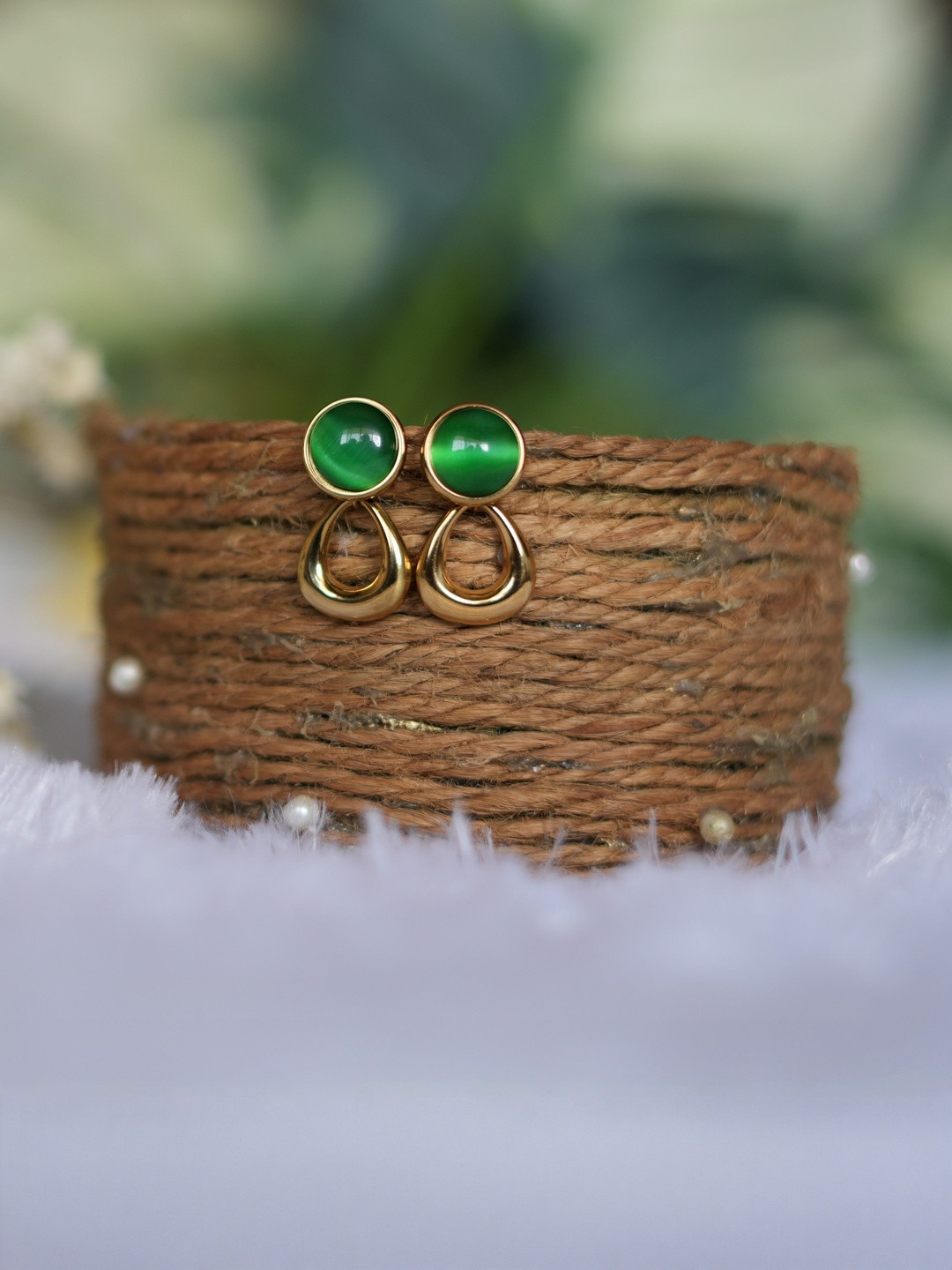 Omkar Jewels Stainless Steel Gold-Plated Artificial Stones Studded Geometric Drop Earrings