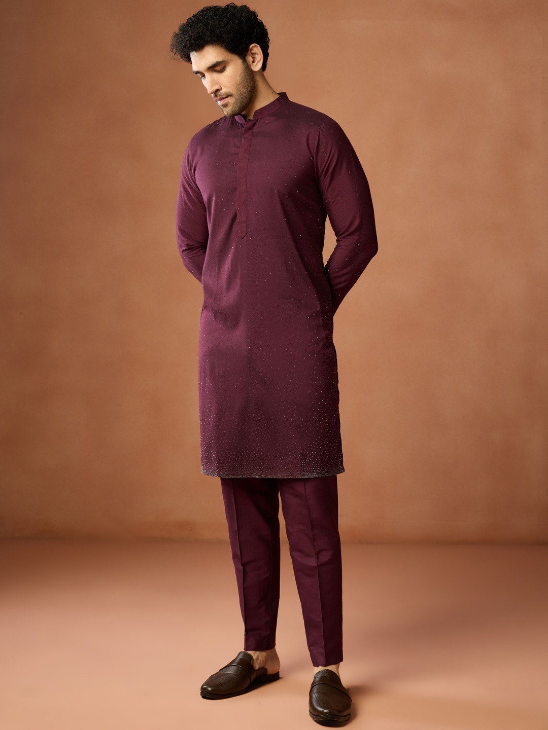 KISAH Men Wine Maroon Silk Blend Sequin Festive & Wedding Ethnic Wear Kurta Trouser Set