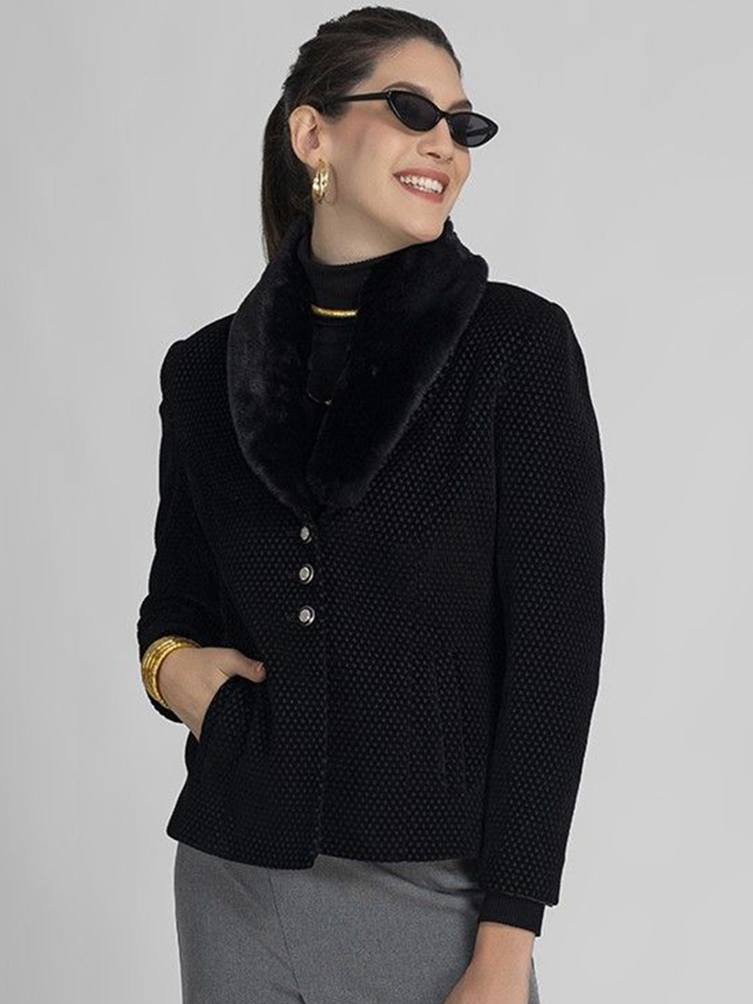 LURE URBAN Women Self Design Fur Collar Single Breasted Winter Coats