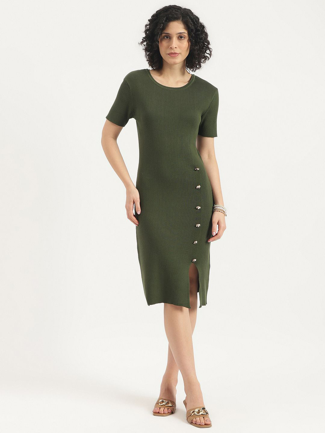 United Colors of Benetton Women Ribbed Round Neck Slits Cotton Bodycon Midi Dress