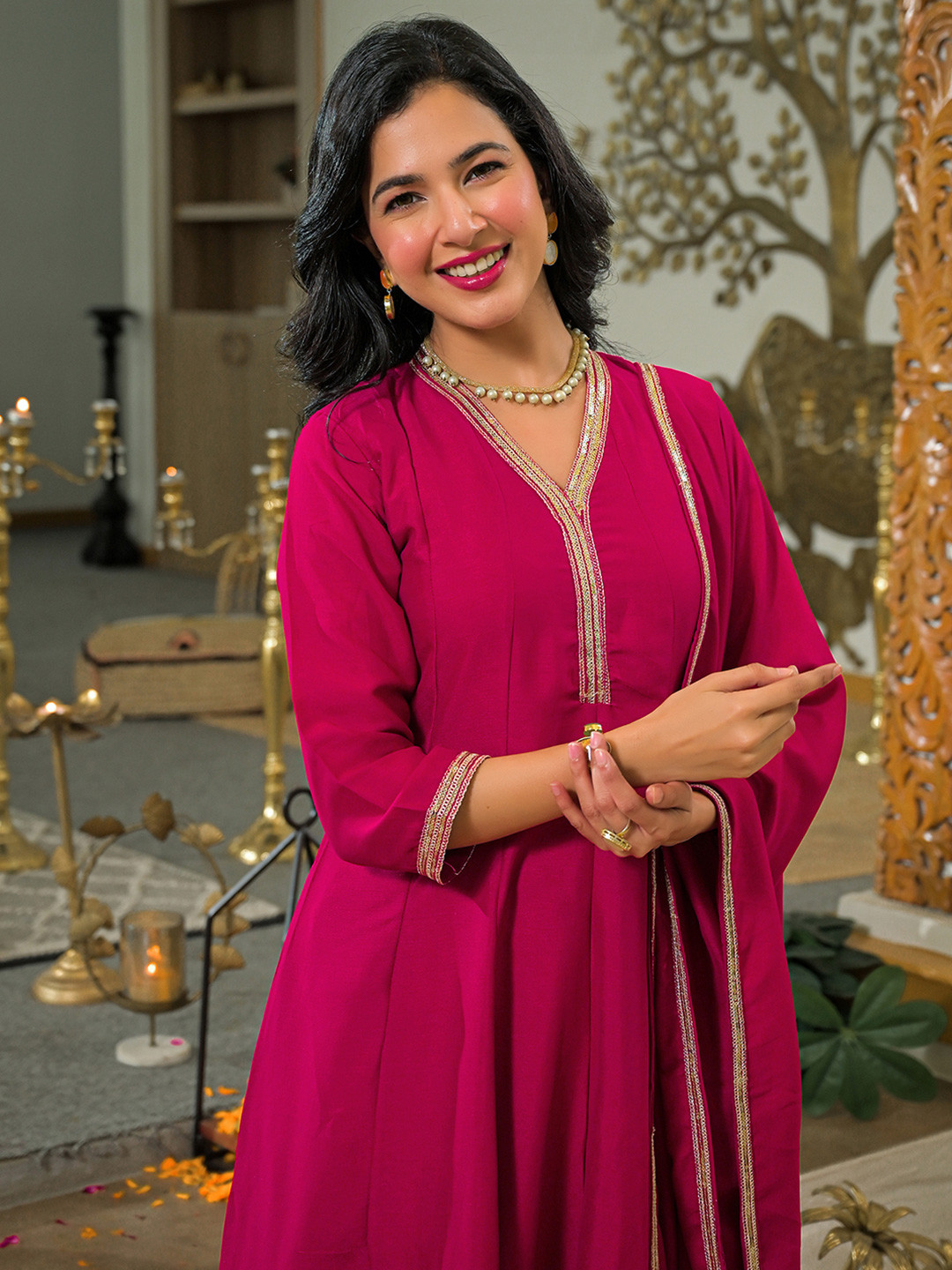 SANISA Floral Yoke Design Panelled V-Neck Sequinned Anarkali Kurta With Trouser & Dupatta