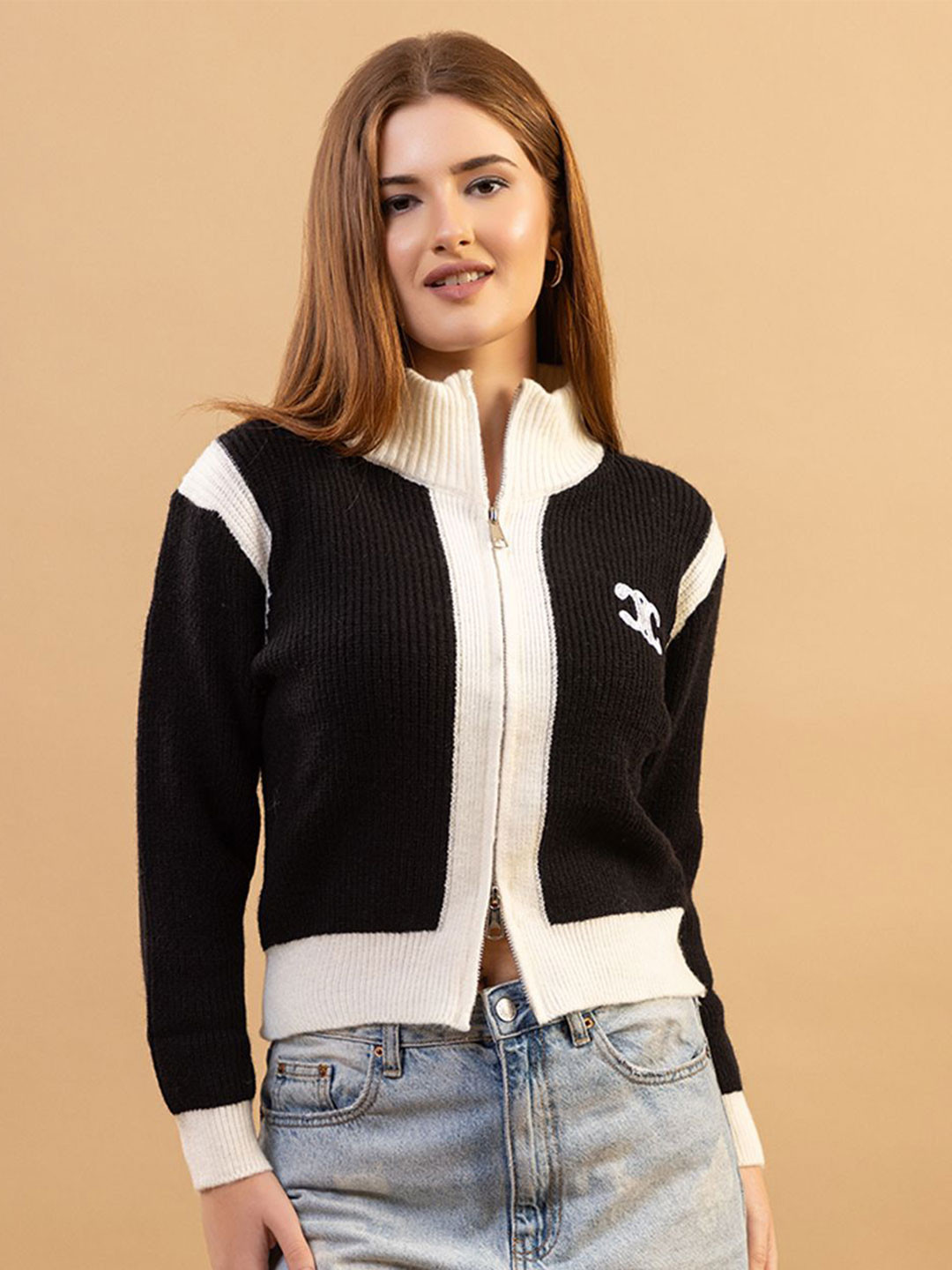 GFO Women Colourblocked High Neck Woollen Zipper Cardigan Sweaters