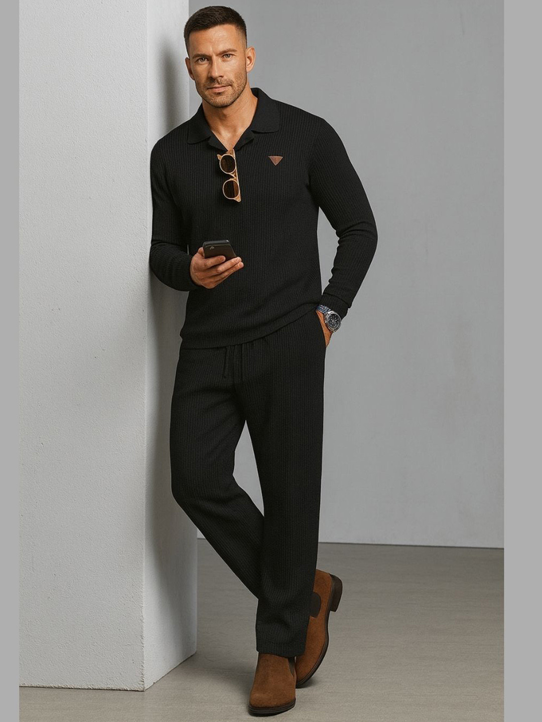 CHROME & CORAL Self Design Polo Collar T-Shirt With Trouser