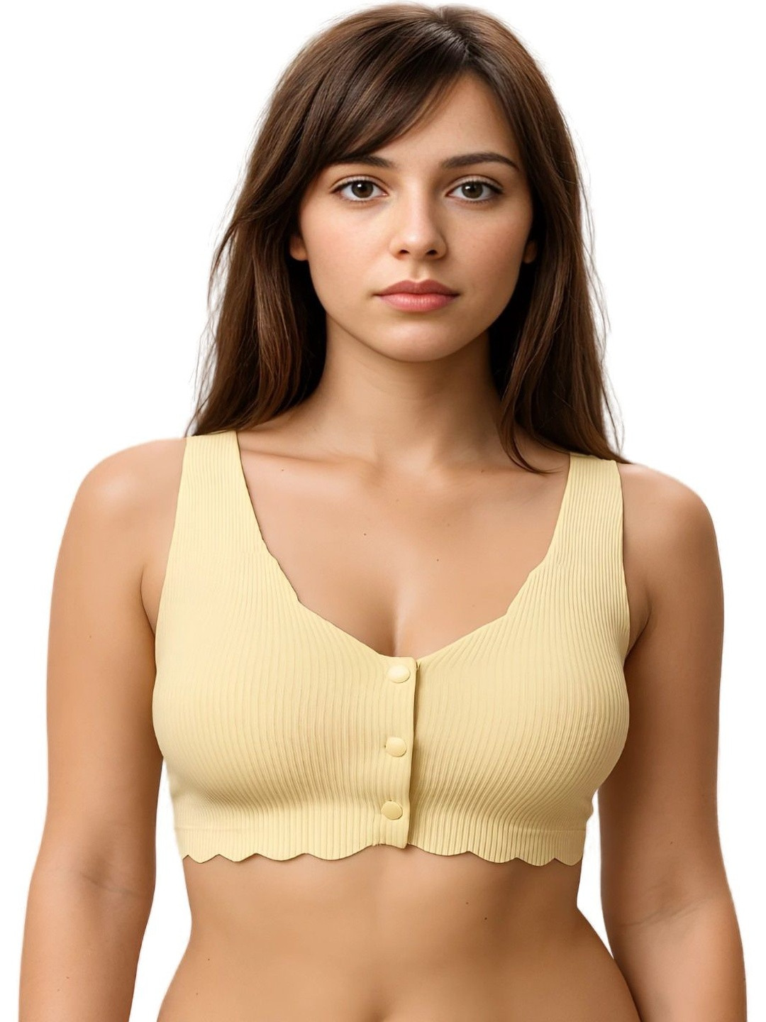 Blush Lado Scallop-Edge Button Front Ribbed Bralette Bra
