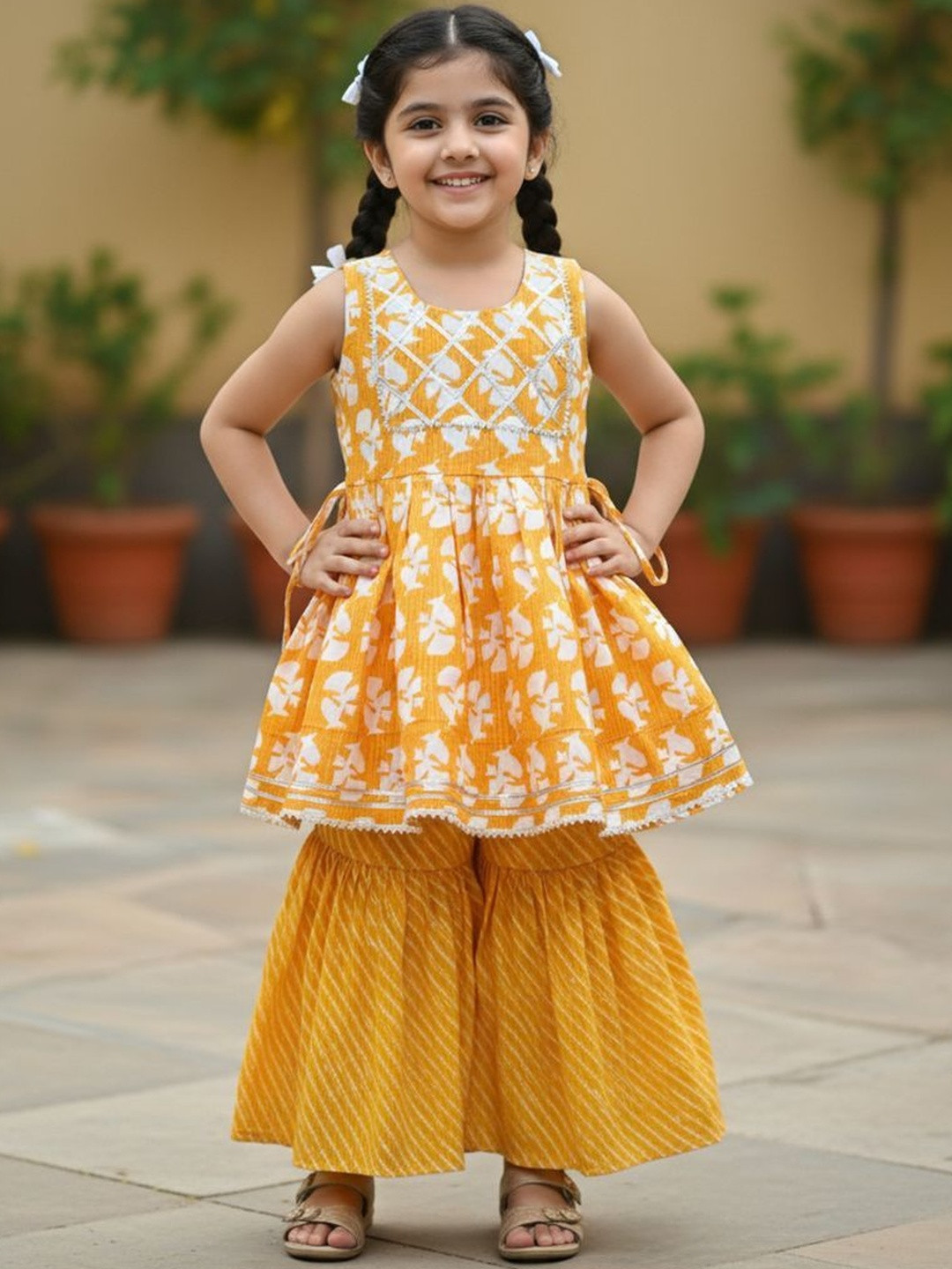 maroth hub Girls Floral Printed Round Neck Pleated A-Line Pure Cotton Kurta With Sharara