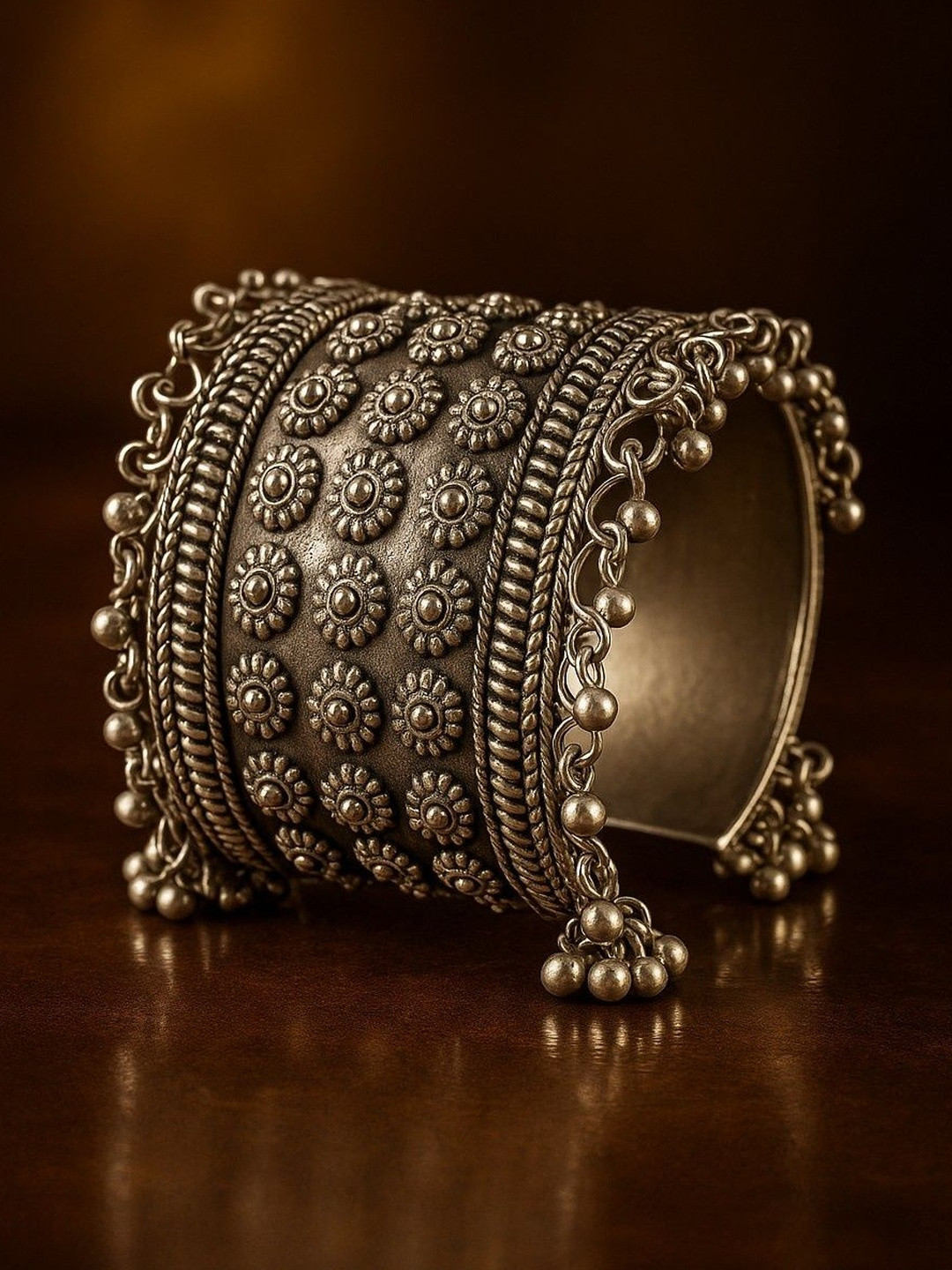 ATIBELLE Silver-Plated Floral-Textured Ghunghroo-Studded Cuff Bangle