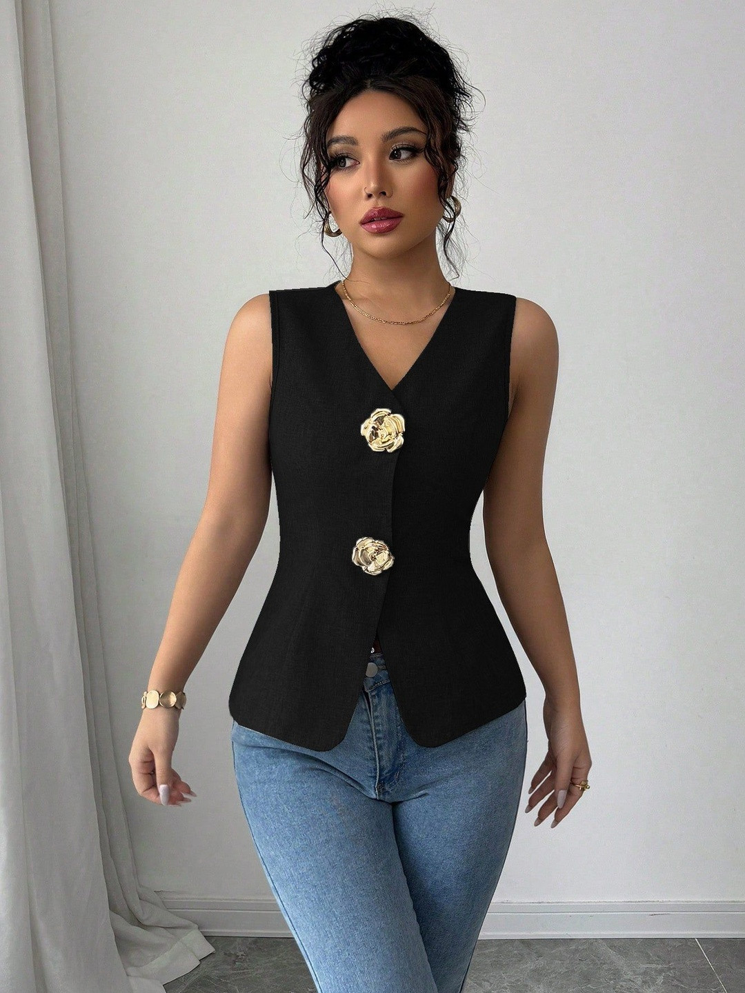 Outzidr Women Solid V-Neck Sleeveless Stylized Woven Waist Coat