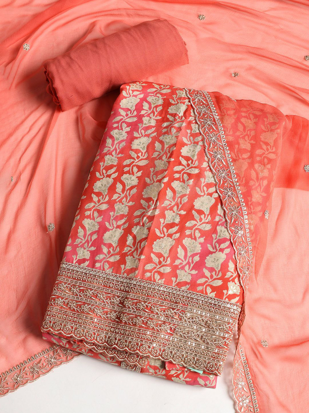 Meena Bazaar Floral printed Sequinned Muslin Unstitched Dress Material