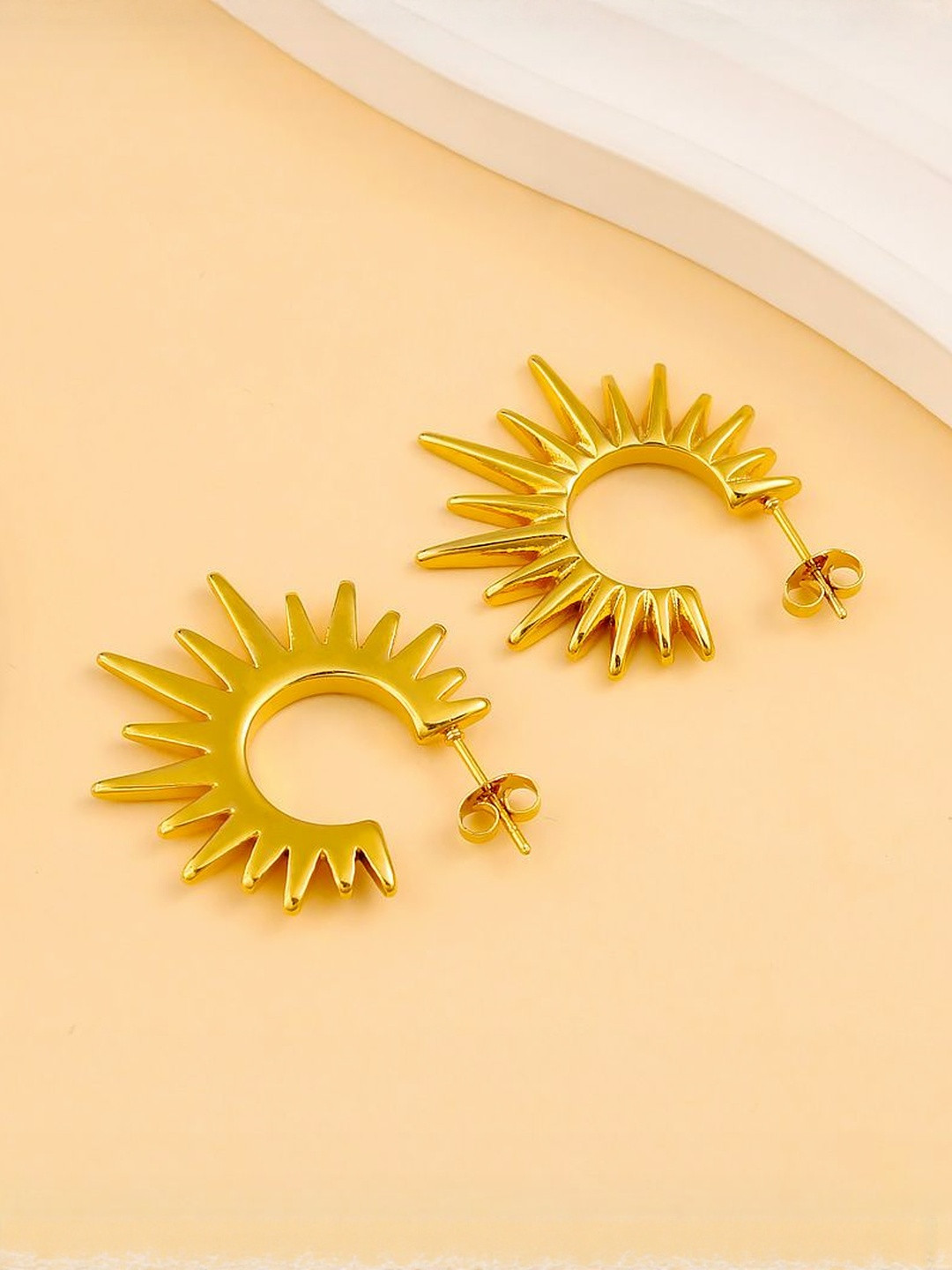 DressBerry Stainless Steel 18Kt Gold- Plated Anti Tarnish Spiked Shaped Half Hoop Earrings