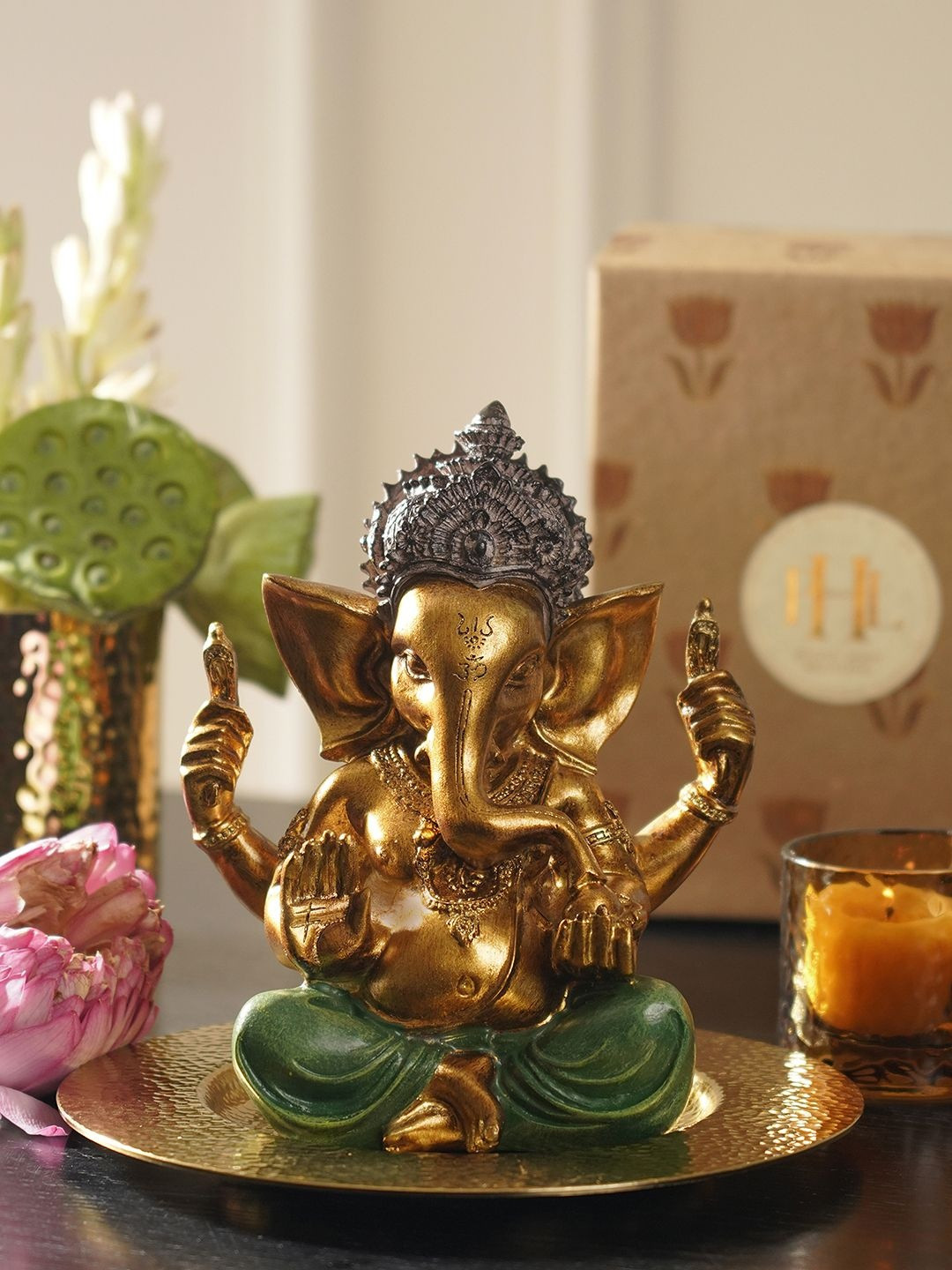 Pure Home and Living Gold-Toned & Green Lord Ganesha Idol Showpiece