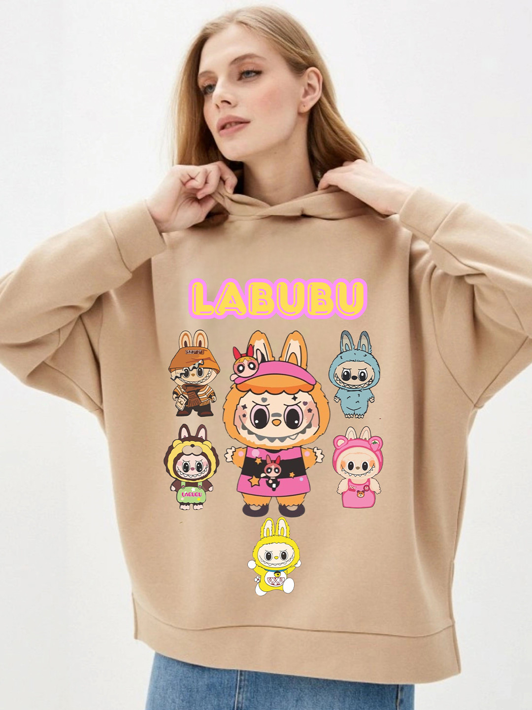 RAYACLOSET Women Labubu Printed Hooded Oversize  Sweatshirt